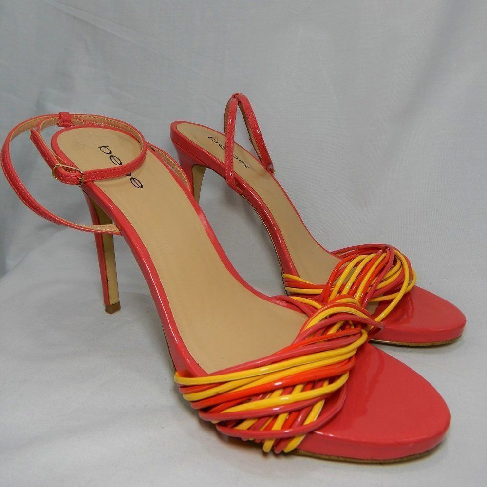 Bebe Pink & Yellow Heeled Heels Strappy Sandal Shoe Sz 9